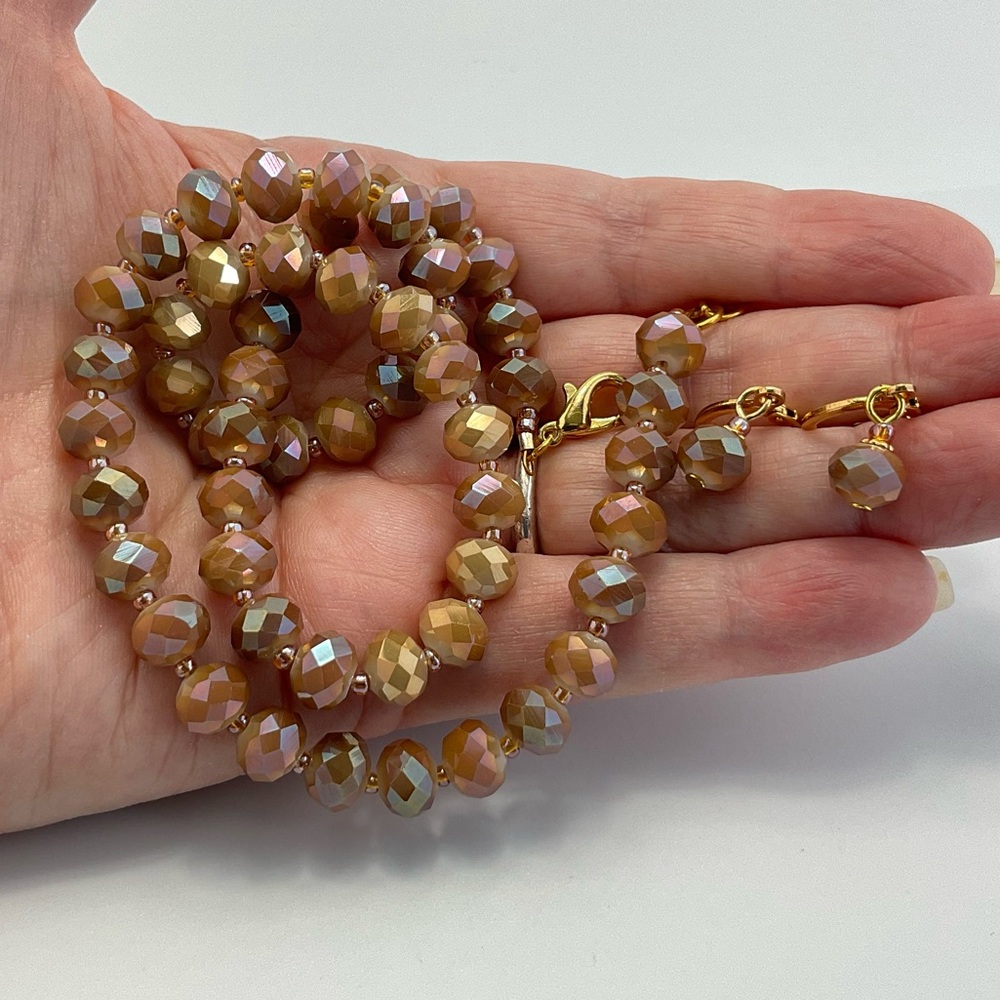 Mocha Mousse Golden Aura Beaded Necklace and Earring Set, Aura Effect, Handmade - Picture 7 of 9